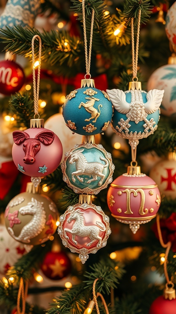 Zodiac sign Christmas ornaments in various colors and designs hanging on a decorated Christmas tree.